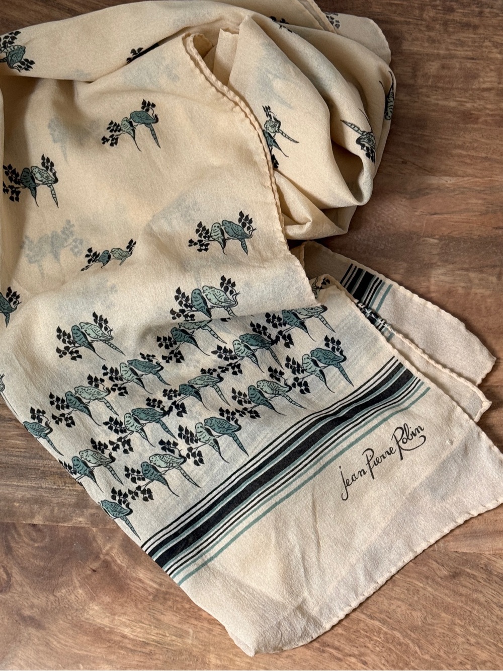 Vintage Jean Pierre Robin Blue Birds Graphic Rectangle Cream Scarf Boho Mod